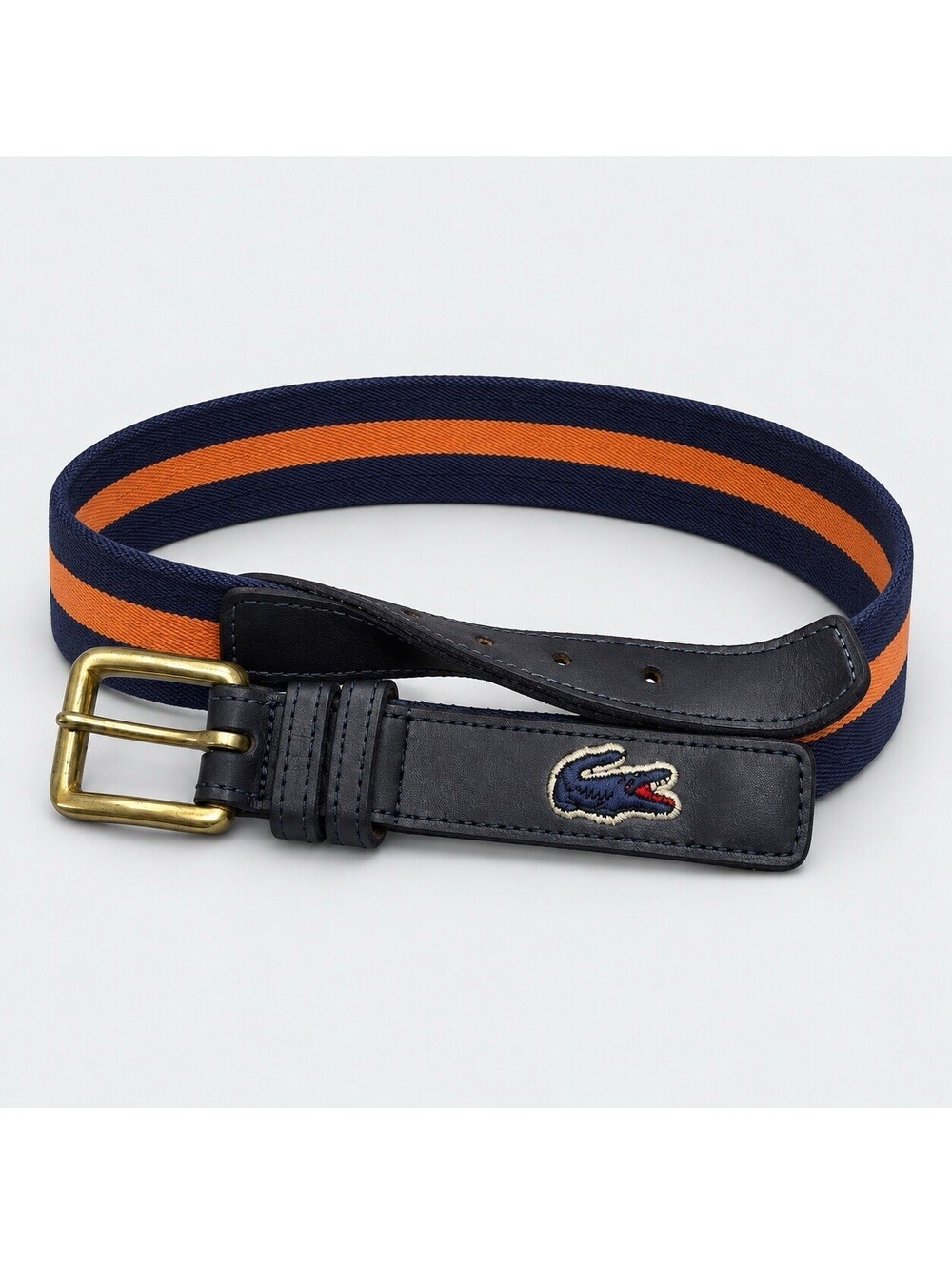 Vintage Lacoste Belt Mens 34 Navy Orange Stripe Webbing Leather Crocodile Preppy